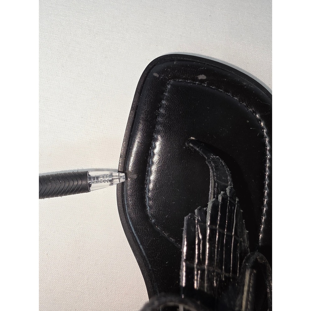 Lauren Ralph Lauren Black Croc Embossed Fringe Thong Sandals sz6.5 SquareToe 368 - Picture 3 of 8